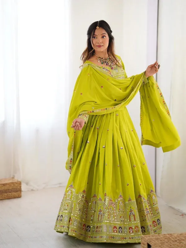 Yellow_And_Light_Green_Chiffon_Premium_Embroidered_Lehenga_Choli_For_Women