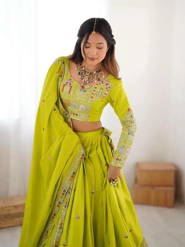 Yellow_And_Light_Green_Chiffon_Premium_Embroidered_Lehenga_Choli_For_Women