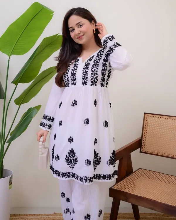 White_And_Blue_Viscose_Rayon_Premium_Embroidered_Kurta_Palazzo_Set_For_Women
