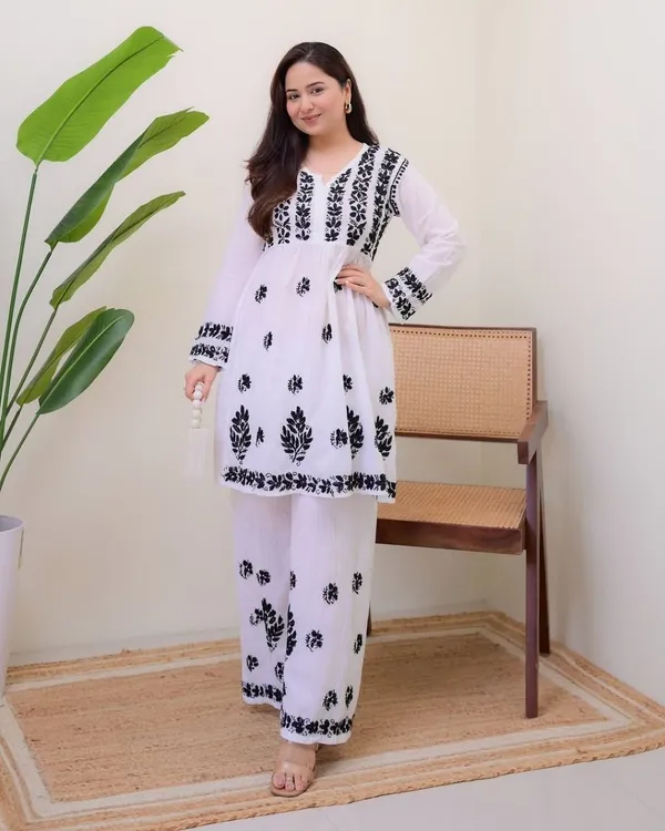 White_And_Blue_Viscose_Rayon_Premium_Embroidered_Kurta_Palazzo_Set_For_Women