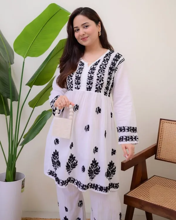 White_And_Blue_Viscose_Rayon_Premium_Embroidered_Kurta_Palazzo_Set_For_Women