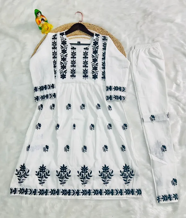 White_And_Blue_Viscose_Rayon_Premium_Embroidered_Kurta_Palazzo_Set_For_Women