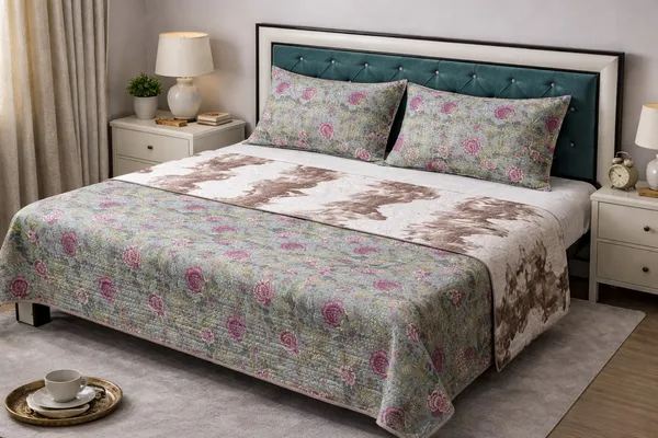 Gerbera_Cotton_Printed_Double_Bed_(Reversible)_
Quilted_Bedsheet_(Two_Pillow_Covers)