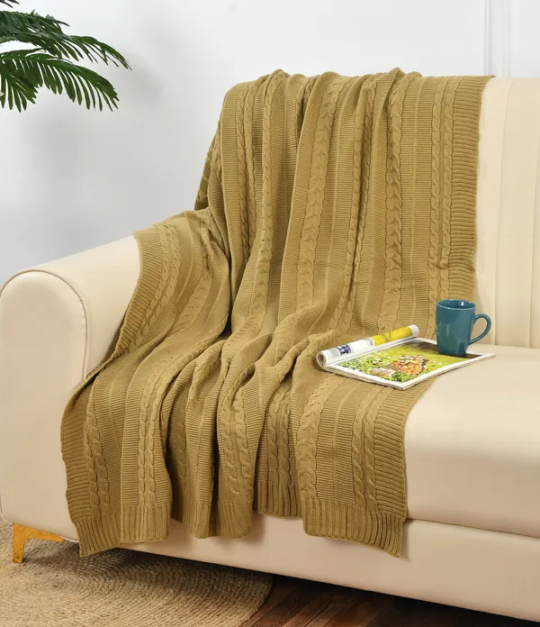 Pale_Yellow_Premium_Blossom_Knitted_Throw,_Colour_-_Tan,_Size_-_130x180_CM
