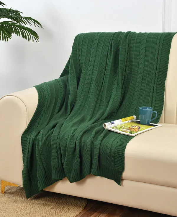 Green_Premium_Blossom_Knitted_Throw,_Colour_-_Dark_Green,_Size_-_130x180_CM