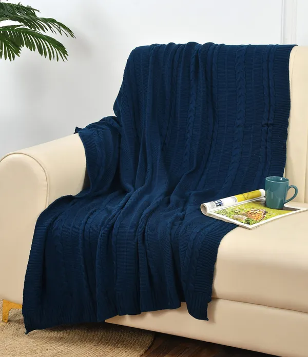 Blue_Premium_Blossom_Knitted_Throw,_Colour_-_Navy_Blue,_Size_-_130x180_CM