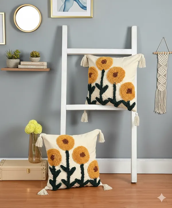 Multicolour_Premium_Sunflower_Hand_Woven_Table_Tufted_Boho_Cushion_Cover_Pack_Of_2,_Size_-_16x16_Inch_(_Filler_not_include_)