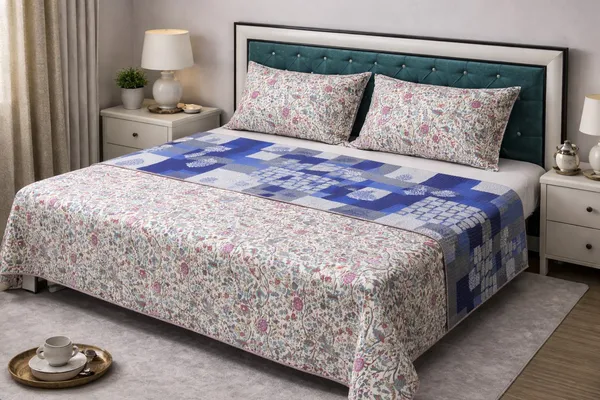 Lotus_Cotton_Printed_Double_Bed_(Reversible)
Quilted_Bedsheet_(Two_Pillow_Covers)