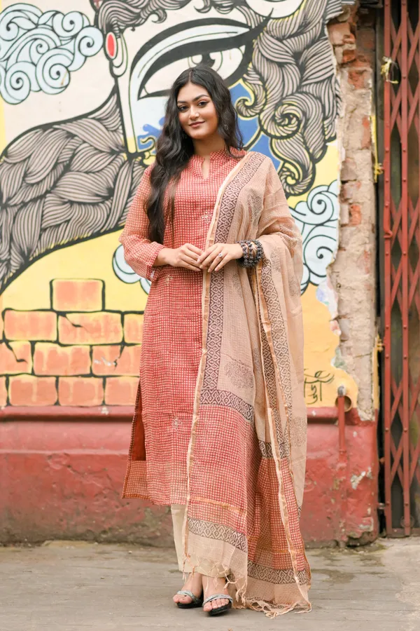 Rust_Checkered_Handblock_Kota_Doriya_Set_For_Women