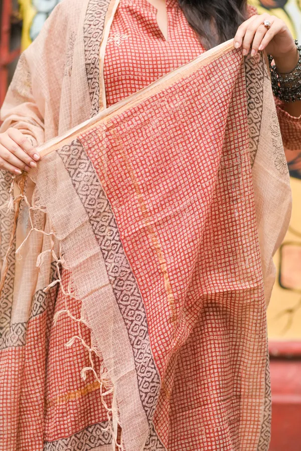 Rust_Checkered_Handblock_Kota_Doriya_Set_For_Women