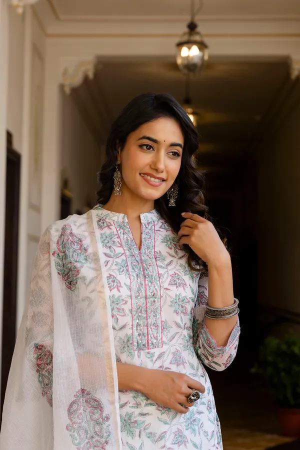 White_Handblock_Kota_Doriya_Set_For_Women