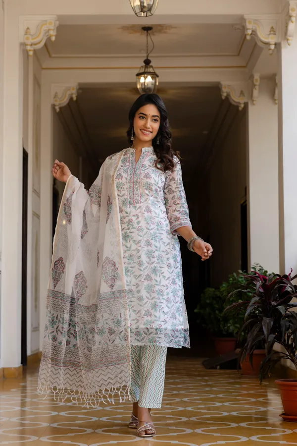 White_Handblock_Kota_Doriya_Set_For_Women