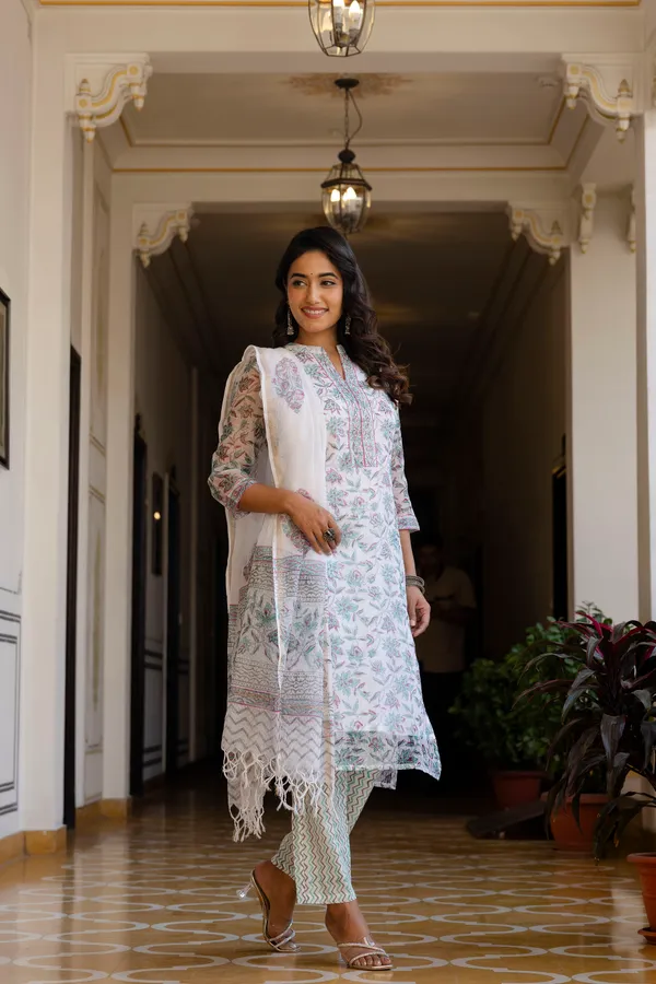 White_Handblock_Kota_Doriya_Set_For_Women