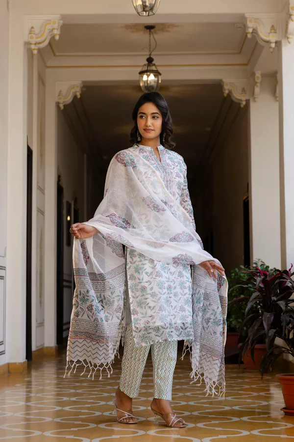 White_Handblock_Kota_Doriya_Set_For_Women