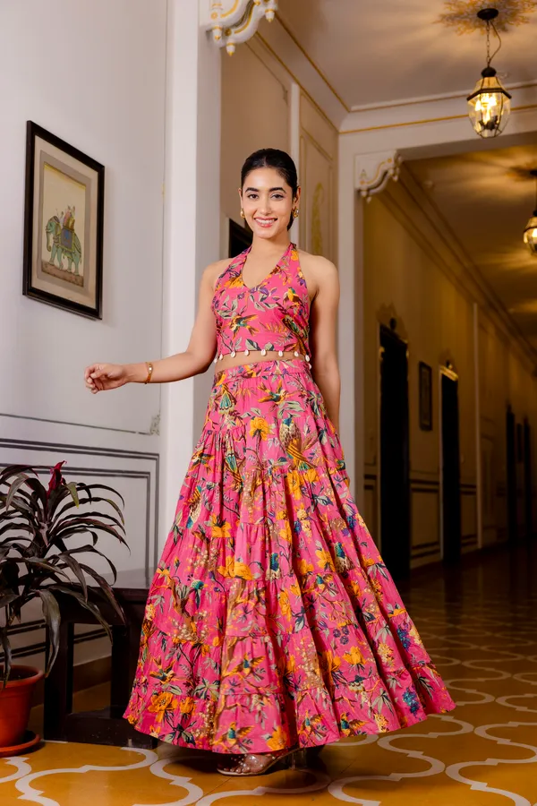 Pink_Floral_With_Smokey_Top_Skirt_For_Women