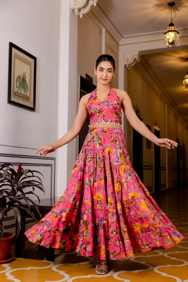 Pink_Floral_With_Smokey_Top_Skirt_For_Women