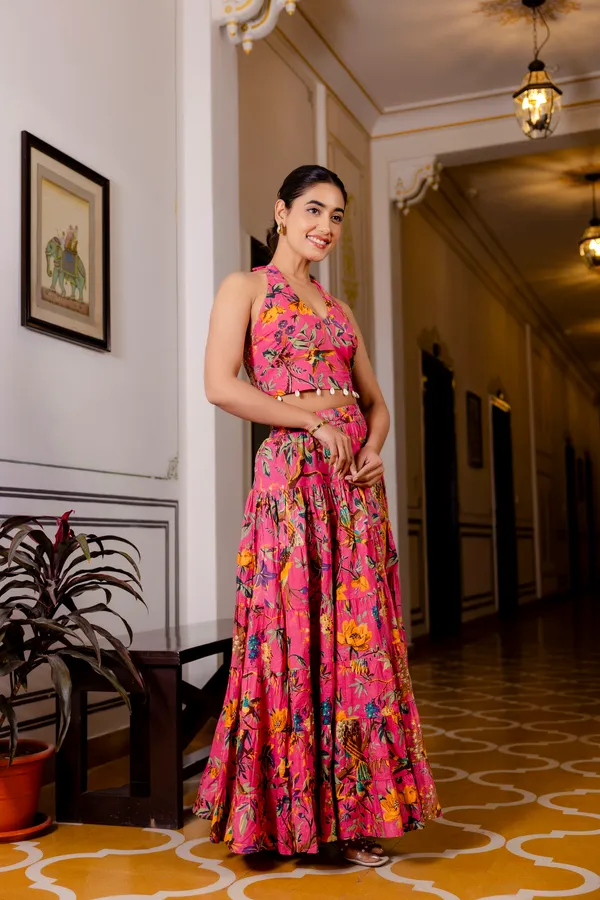 Pink_Floral_With_Smokey_Top_Skirt_For_Women