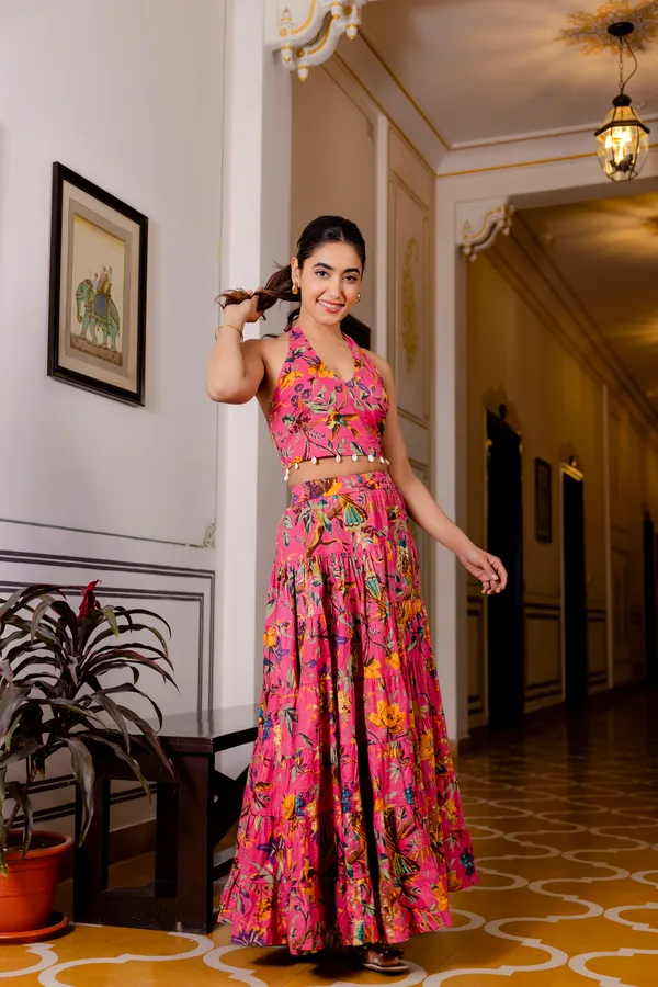 Pink_Floral_With_Smokey_Top_Skirt_For_Women