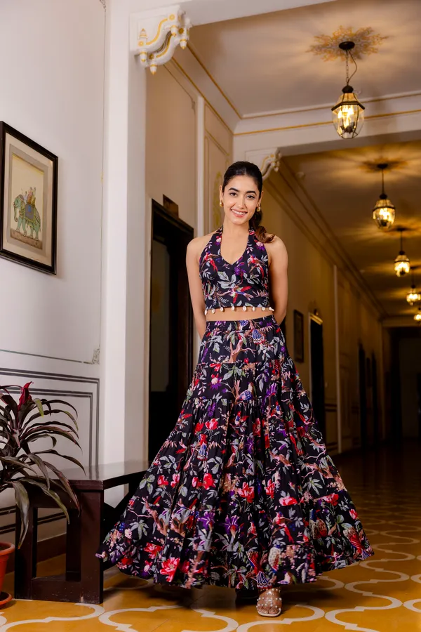 Black_Floral_With_Smokey_Top_Skirt_For_Women