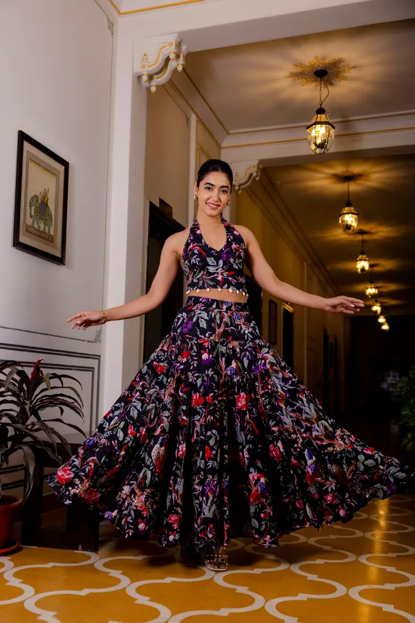 Black_Floral_With_Smokey_Top_Skirt_For_Women