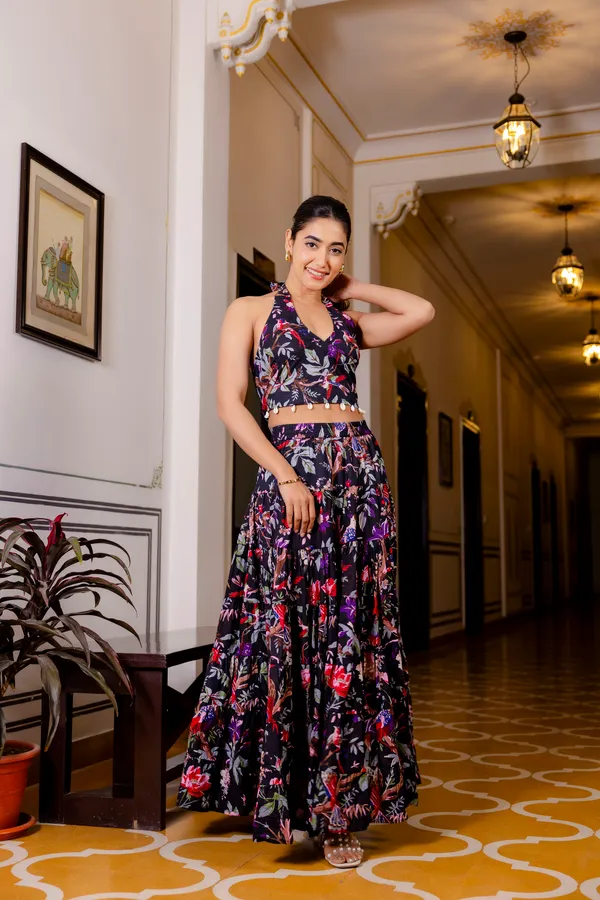 Black_Floral_With_Smokey_Top_Skirt_For_Women