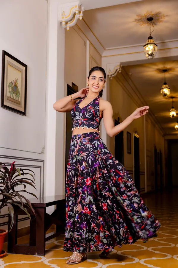 Black_Floral_With_Smokey_Top_Skirt_For_Women