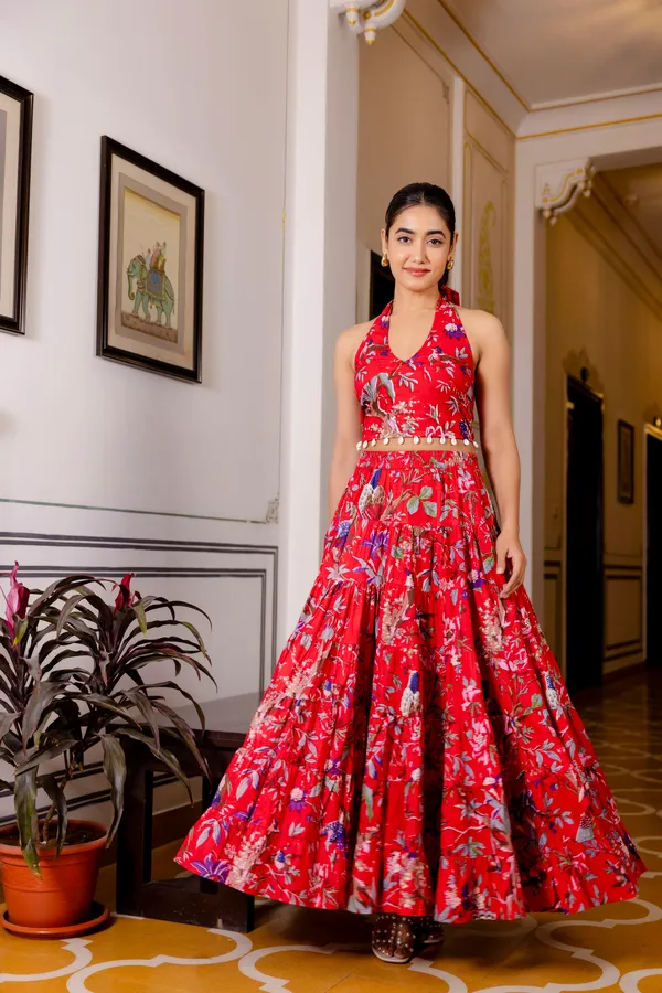 Red_Floral_With_Smokey_Top_Skirt_For_Women