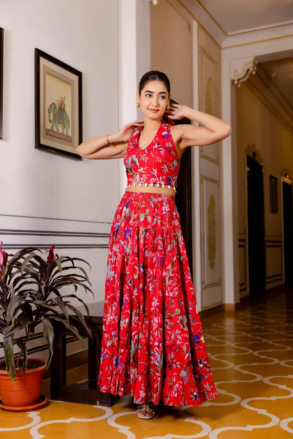 Red_Floral_With_Smokey_Top_Skirt_For_Women