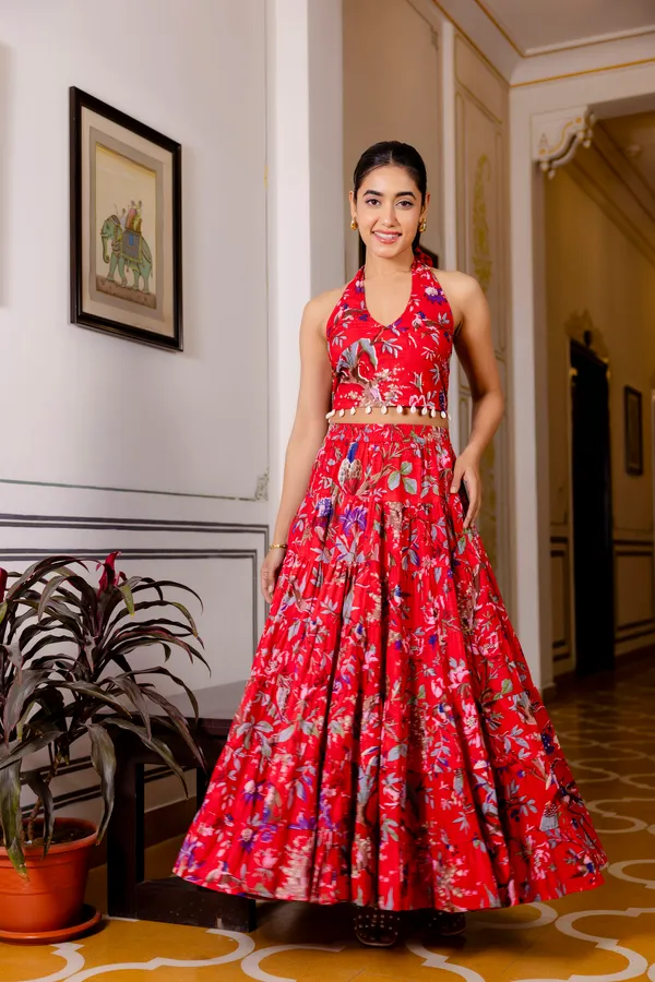 Red_Floral_With_Smokey_Top_Skirt_For_Women