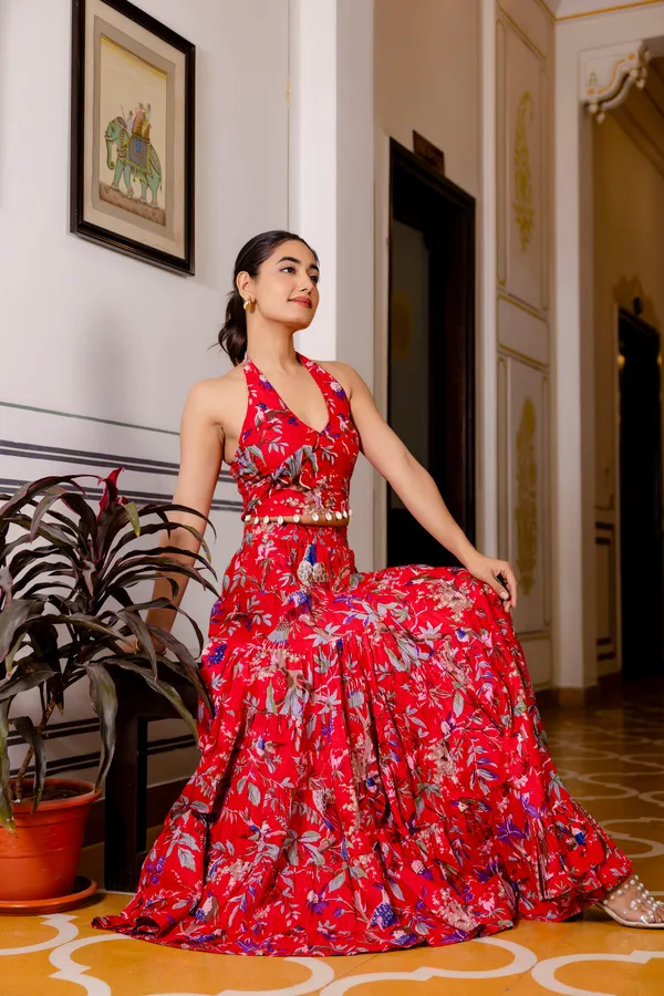 Red_Floral_With_Smokey_Top_Skirt_For_Women