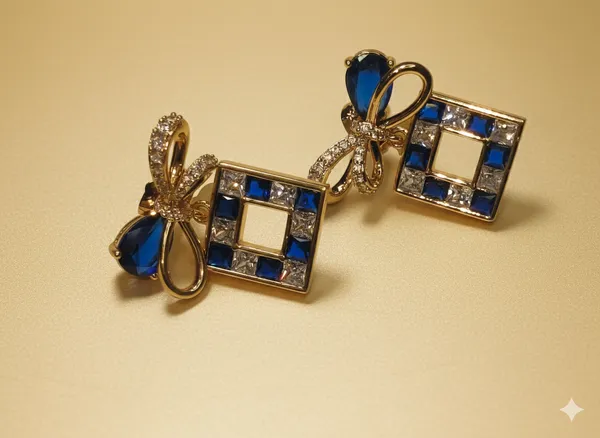 Blue_Gold_Bow_Drop_Ears_With_Clear_Square_Cut_Crystals_Anti_Tarnish_Earring_For_Women