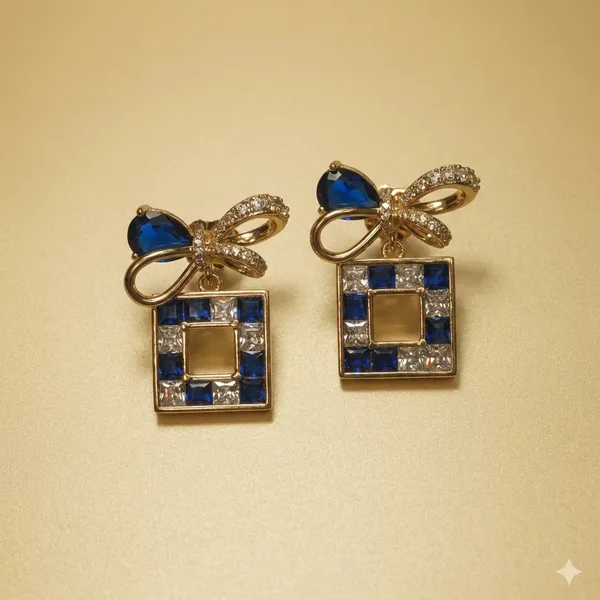 Blue_Gold_Bow_Drop_Ears_With_Clear_Square_Cut_Crystals_Anti_Tarnish_Earring_For_Women