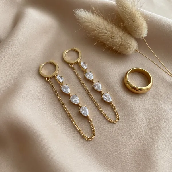 Gold_Chain_Drop_Ears_With_Pear_Cut_Crystal_Accents_Anti_Tarnish_Earring_For_Women