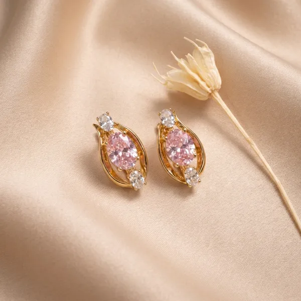 Pink_Oval_Stone_Gold_Ears_Anti_Tarnish_Earring_For_Women