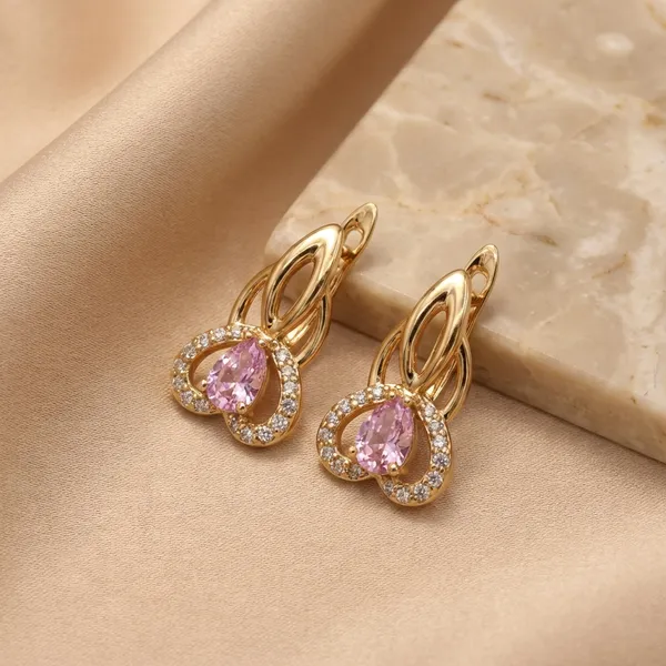 Pink_Teardrop_Crystal_Gold_Ears_Anti_Tarnish_Earring_For_Women