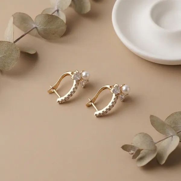 Gold_Pearl_And_Cz_Bow_Accent_Huggie_Ears_Anti_Tarnish_Earring_For_Women