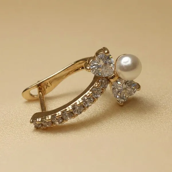 Gold_Pearl_And_Cz_Bow_Accent_Huggie_Ears_Anti_Tarnish_Earring_For_Women