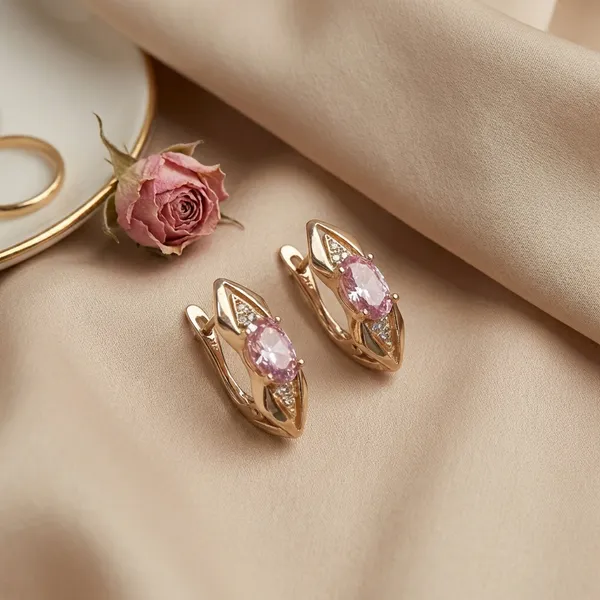 Pink_Gold_Oval_Gemstone_Ears_Anti_Tarnish_Earring_For_Women