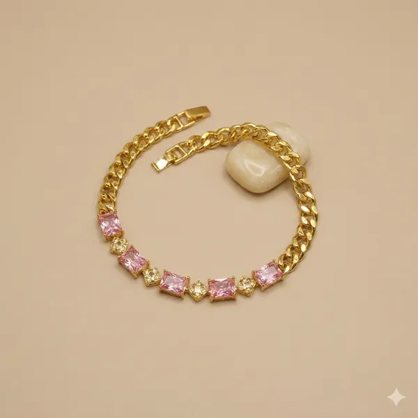 Pink_Rectangle_Cz_Link_Anti_Tarnish_Bracelet_For_Women