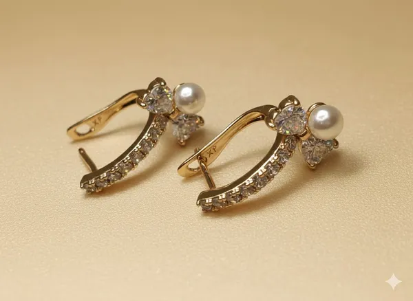 Gold_Pearl_And_Cz_Bow_Accent_Huggie_Ears_Anti_Tarnish_Earring_For_Women