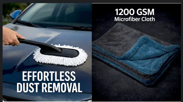 Blue_And_Grey_1200_Gsm_Microfiber_Cloth_And_Microfiber_Duster_For_Car_Care