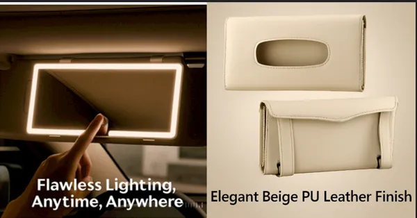 White_And_Beige_Vanity_Mirror_And_Tissue_Holder_For_Car
