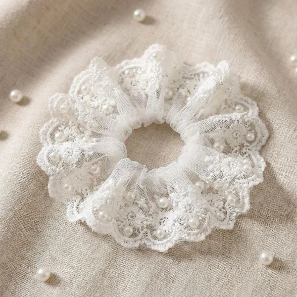 White_Net_And_Lace_Pearl_Beaded_Large_Lace_Scrunchie