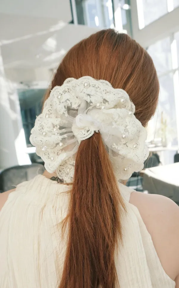 White_Net_And_Lace_Pearl_Beaded_Large_Lace_Scrunchie