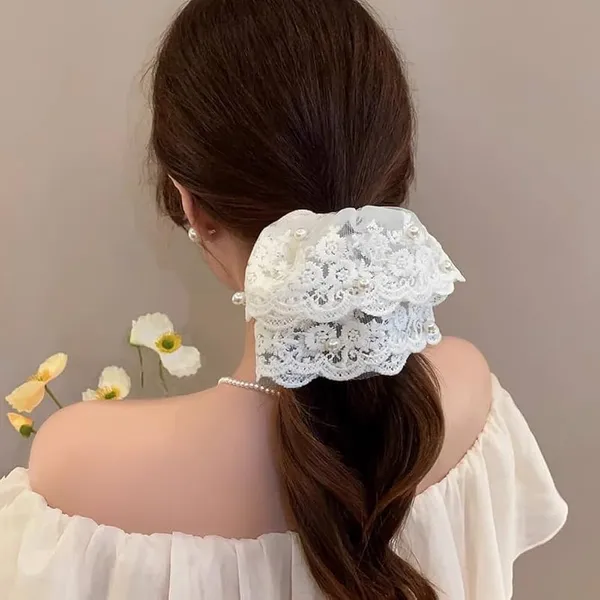 White_Net_And_Lace_Pearl_Beaded_Large_Lace_Scrunchie