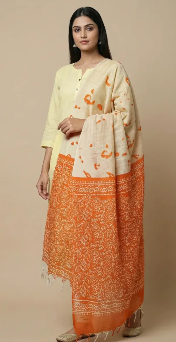 Orange_And_Cream_Cotton_Khadi_Dupatta_For_Women