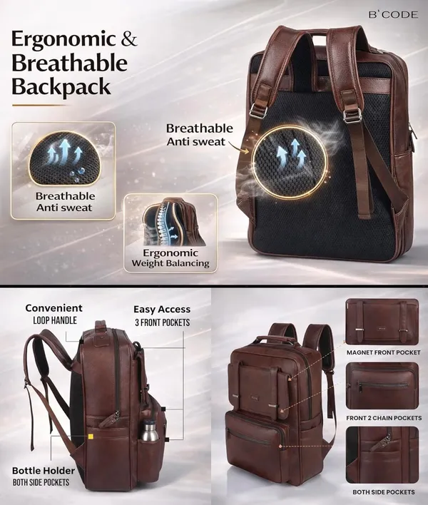 BCODE_Primepro_Brown_Vegan_Leather_Laptop_Backpack_For_Unisex