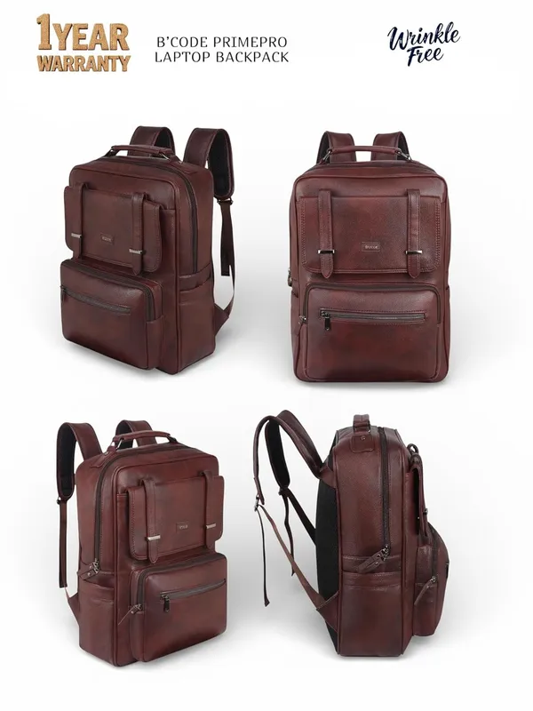 BCODE_Primepro_Brown_Vegan_Leather_Laptop_Backpack_For_Unisex