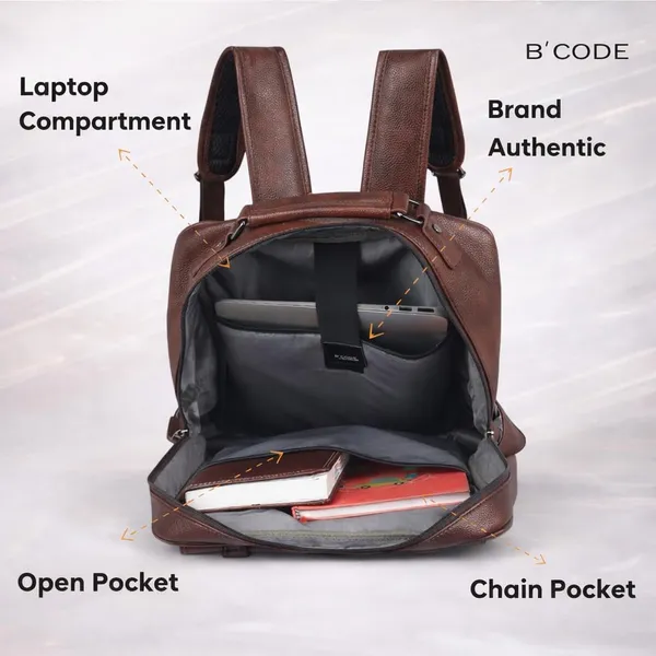 BCODE_Primepro_Brown_Vegan_Leather_Laptop_Backpack_For_Unisex