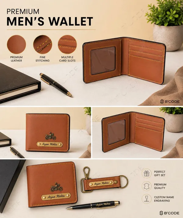 B'CODE_Personalised_Men's_Gift_Combo_(3-Piece_Set)_–_Custom_Name_&_Charm_Leather_Wallet,_Keychain_&_Engraved_Pen
